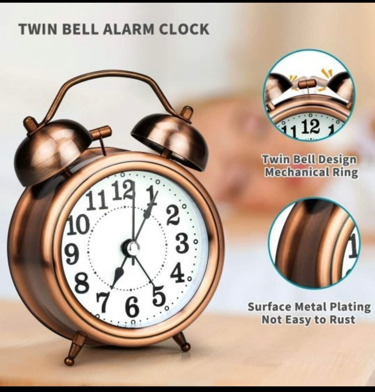 Silver & Coper Alarm Clock Retro Style Twin Bell 13 CM